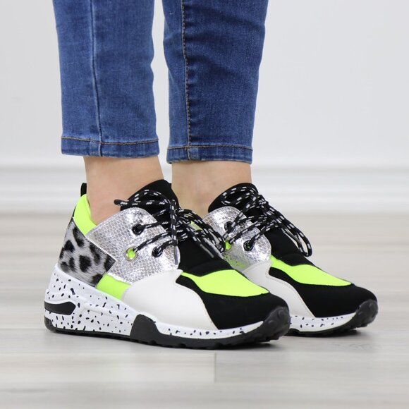 Multicolor Chunky Sneakers Neon Yellow Silver Animal Print Rugged Sole - Picture 4 of 14